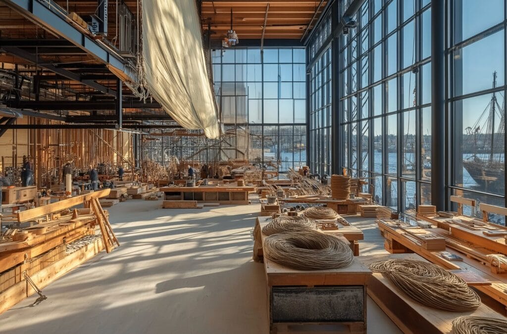 Spacious shipyard workshop by the harbor with workers at benches, timber piles, and large coiled rope on tables under a glass wall.