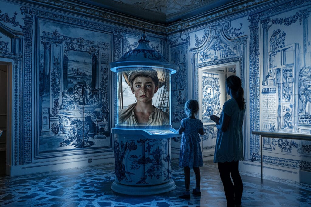 Portrait of a boy in a blue-lit circular display case in a Delftware-themed gallery, watched by two visitors.